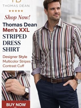 Thomas Dean Men’s 2XL Striped Dress Shirt Burgundy Multicolor Btn Down Contrast